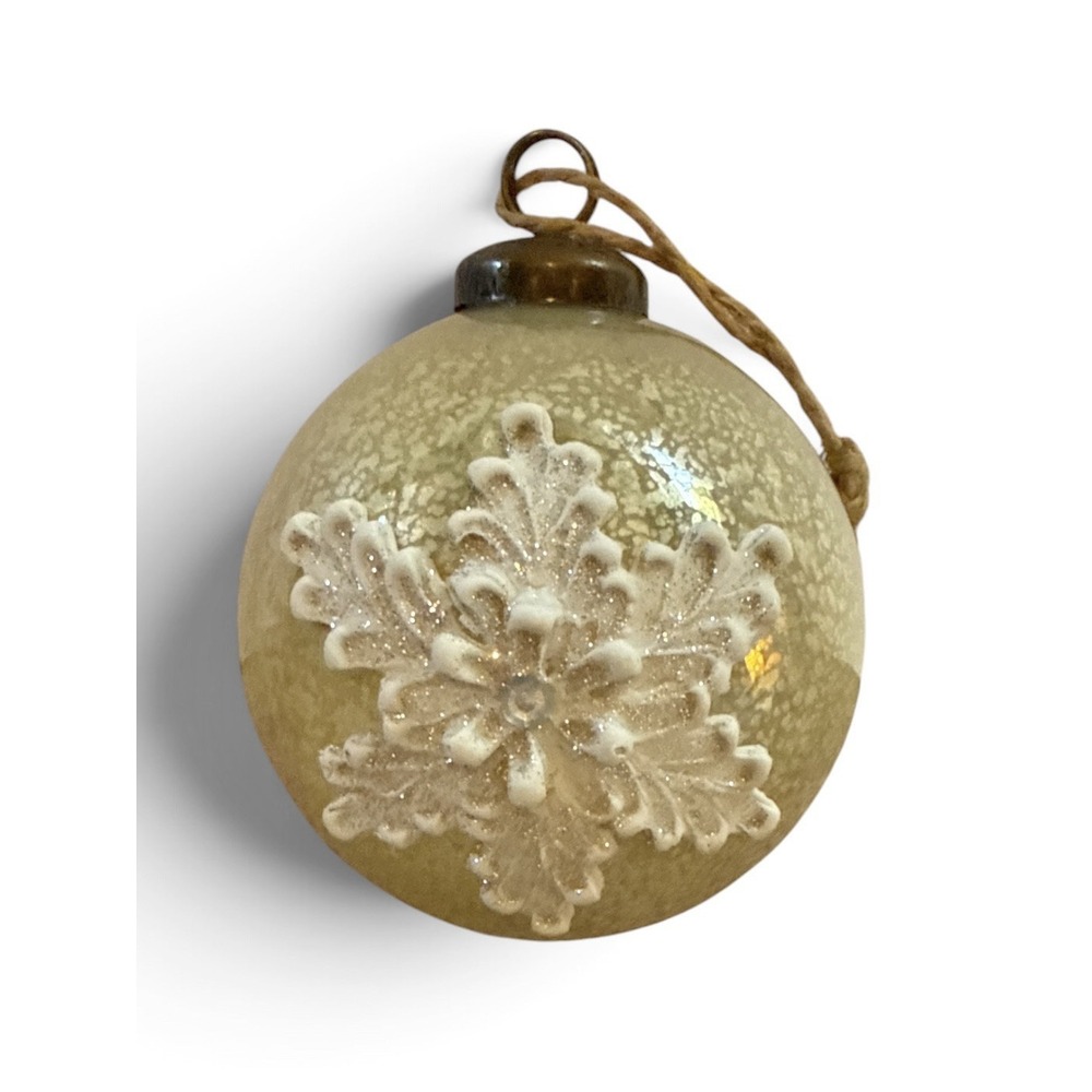 Vintage Inspired Kugel Gold Crackle Glass Christmas Ornament Brass Cap Snowflake